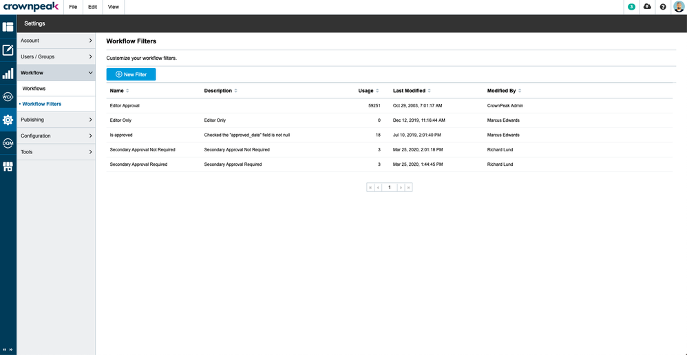 Workflow Filters List