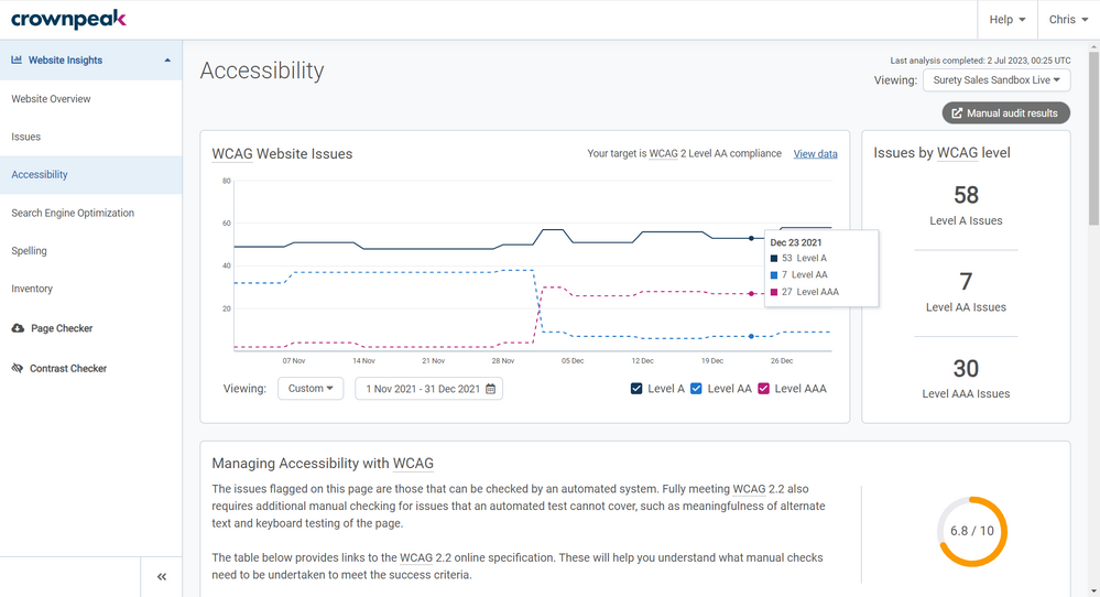 Website Insights Accessibility page in Crownpeak DQM