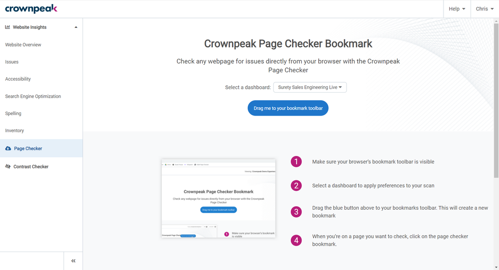 Page Checker page in Crownpeak DQM