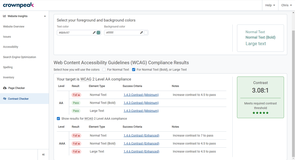 Contrast Checker page showing Level AAA compliance checks in Crownpeak DQM