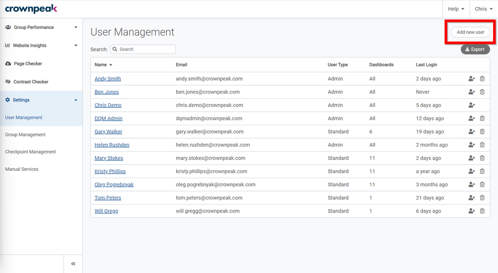 Add new user button on the User Management page in Crownpeak DQM