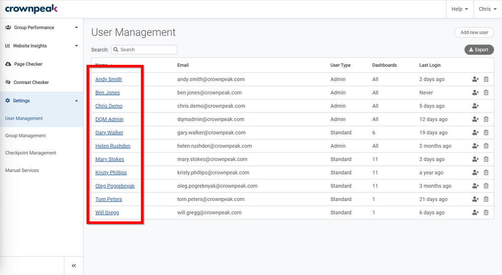Users list on the User Management page in Crownpeak DQM