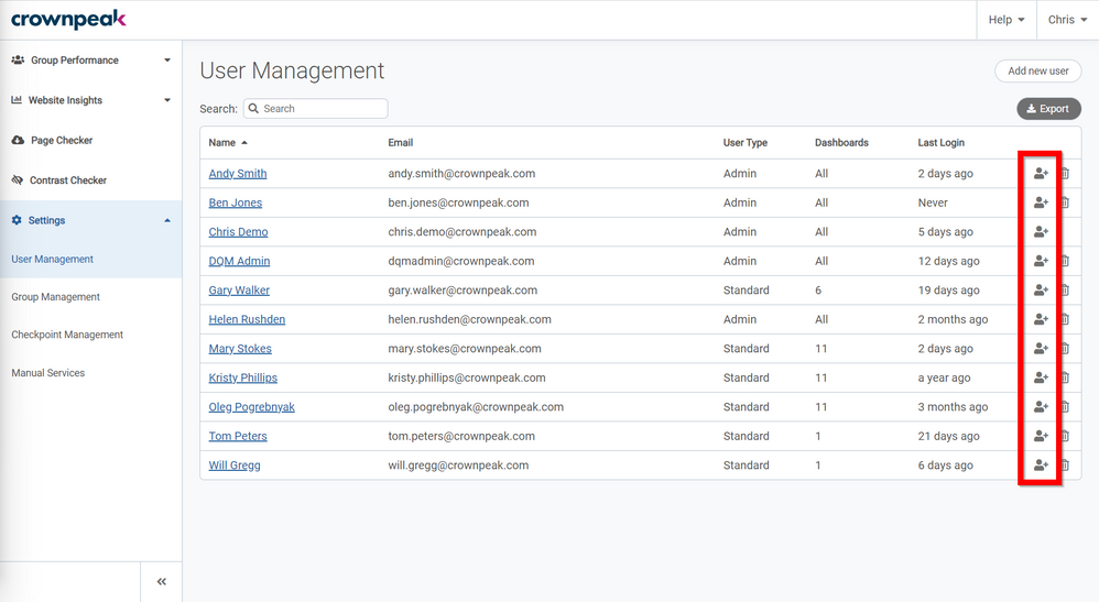 Clone user button on the User Management page in Crownpeak DQM