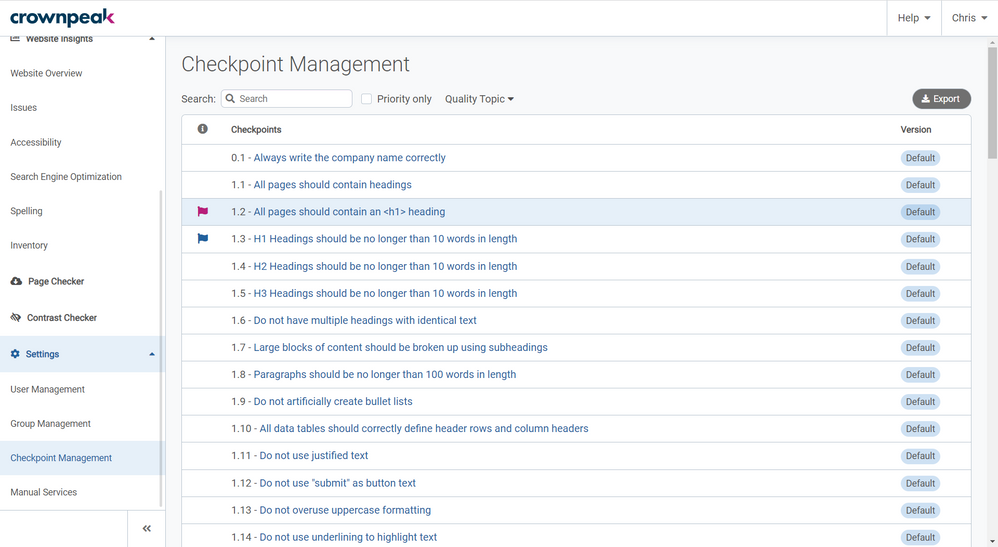 Checkpoint Management page in Crownpeak DQM
