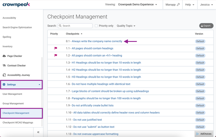 Checkpoint Management settings